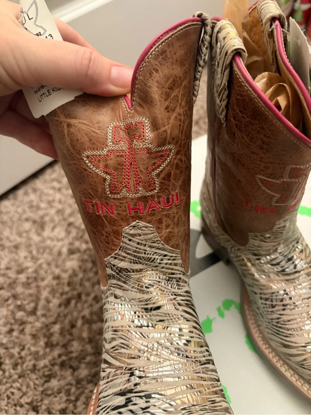 Tin Haul Kidz Metallic Silver & Brown Western Boots with Pink Trim